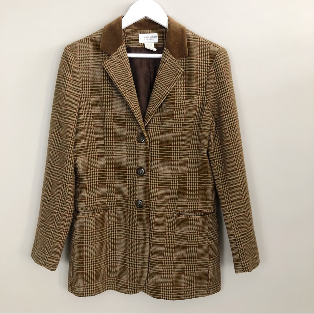 Vintage Brown Houndstooth Blazer w/ Velvet Collar